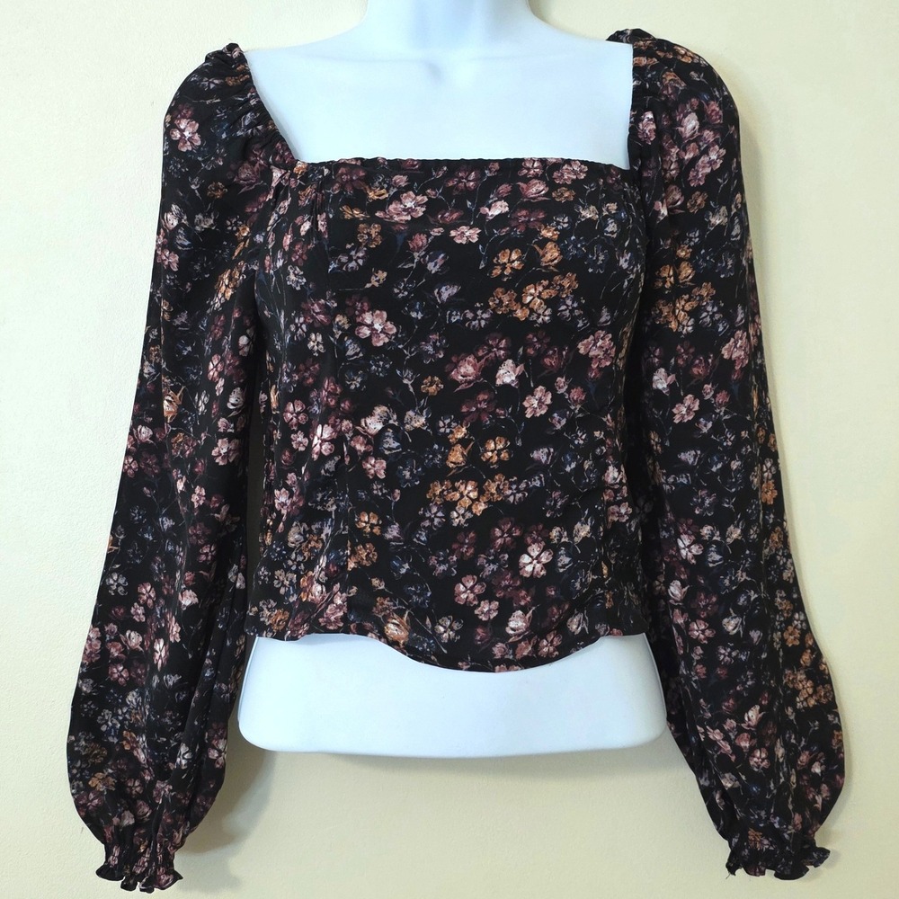 Abercrombie‎ & Fitch Dark Floral Puff Sleeve Top Sz XS Sheer Square Alt Romantic